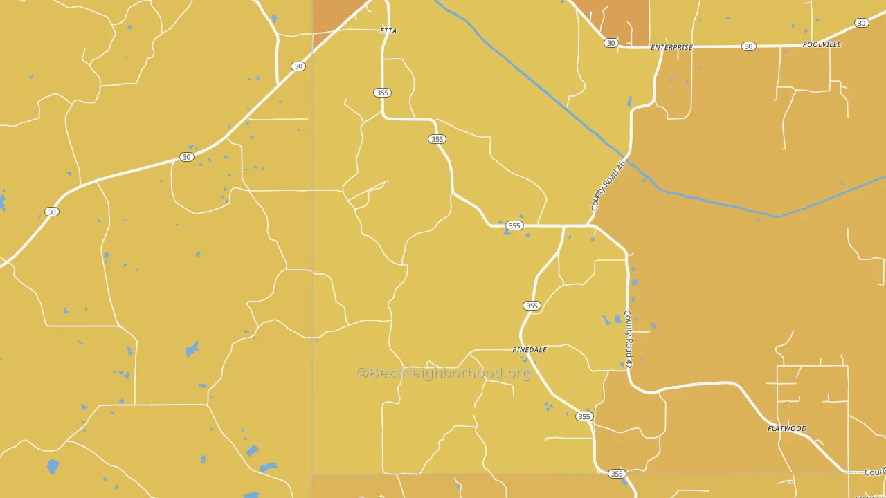 Map of the best neighborhoods in the Etta area, with better matches in green and worse matches in red