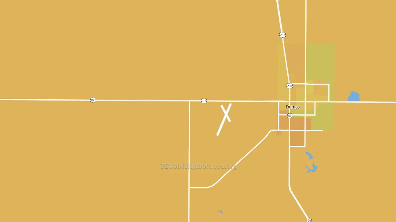 Map of the best neighborhoods in the Etter area, with better matches in green and worse matches in red