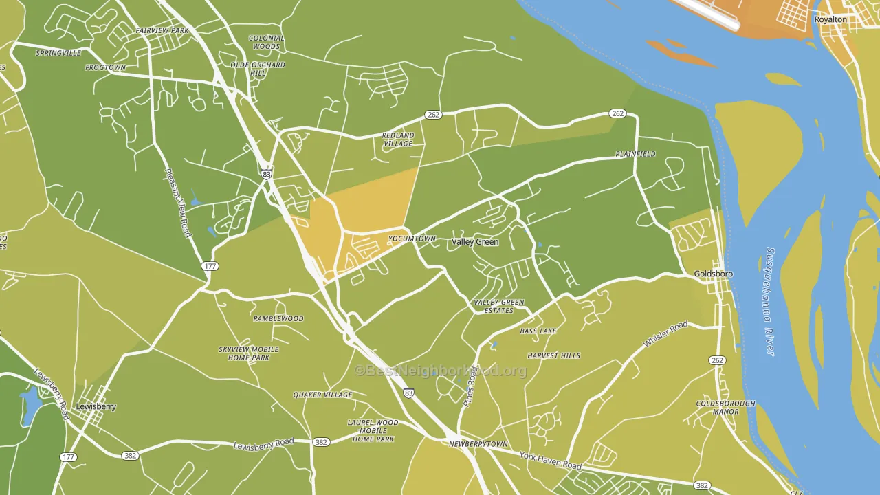 Map of the best neighborhoods in the Etters area, with better matches in green and worse matches in red