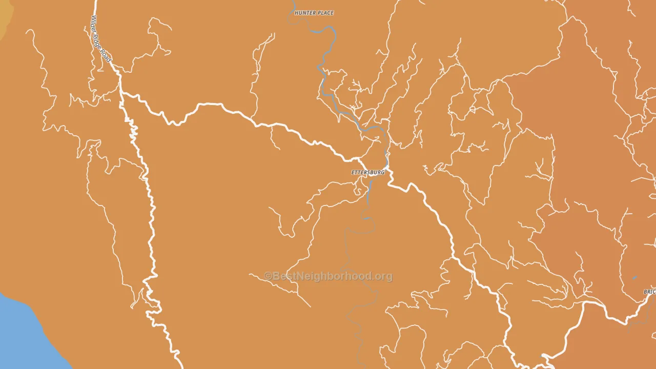 Map of the best neighborhoods in the Ettersburg area, with better matches in green and worse matches in red