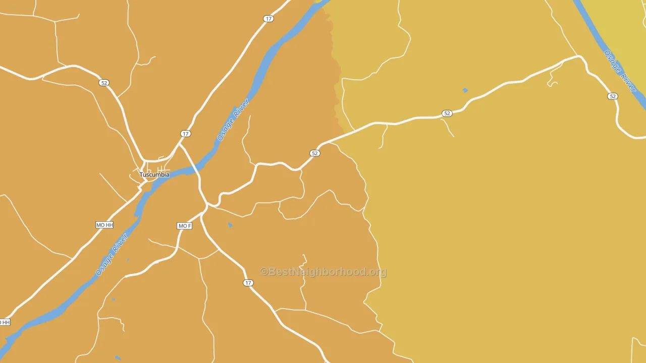 Map of the best neighborhoods in the Etterville area, with better matches in green and worse matches in red
