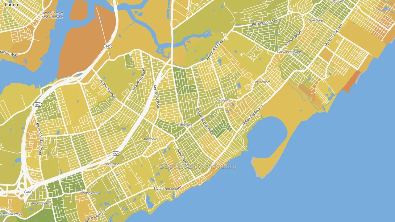 Map of the best neighborhoods in the Ettingville, Staten Island area, with better matches in green and worse matches in red