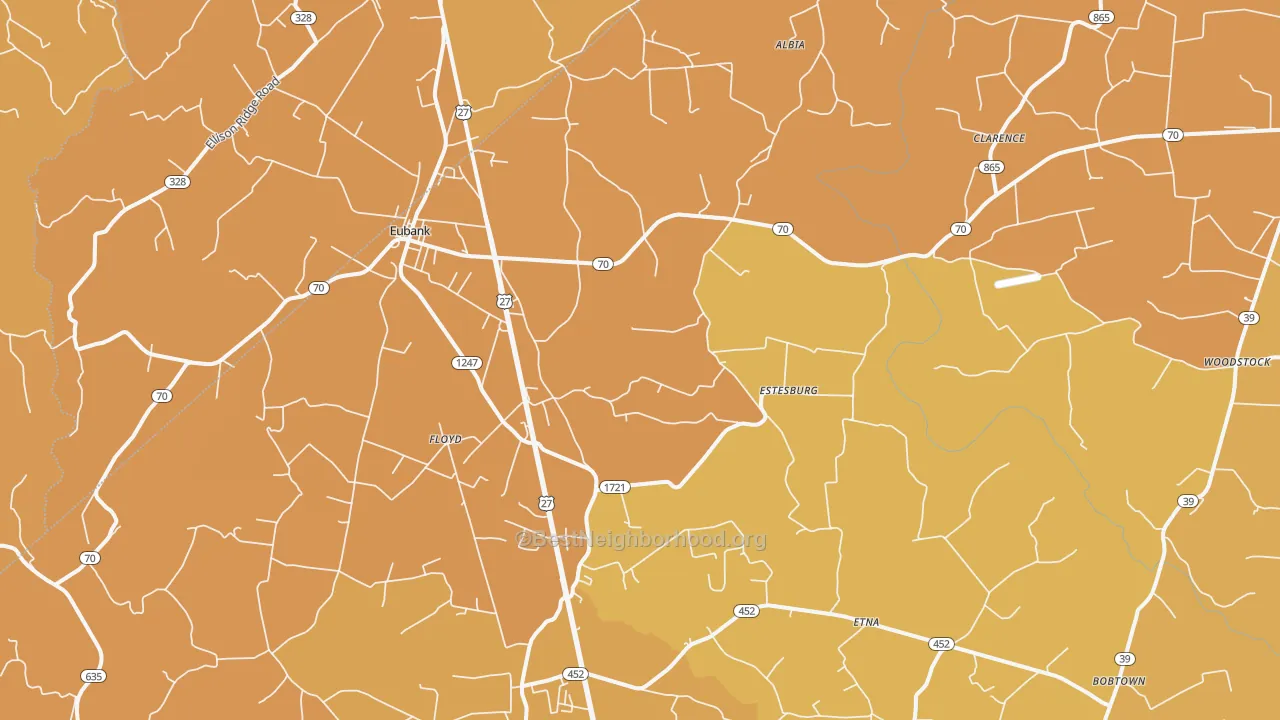 Map of the best neighborhoods in the Eubank area, with better matches in green and worse matches in red