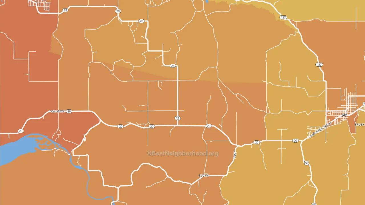 Map of the best neighborhoods in the Eucha area, with better matches in green and worse matches in red