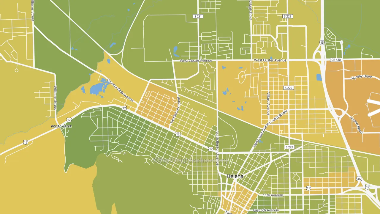 Map of the best neighborhoods in the Euclid Ave North, Helena area, with better matches in green and worse matches in red