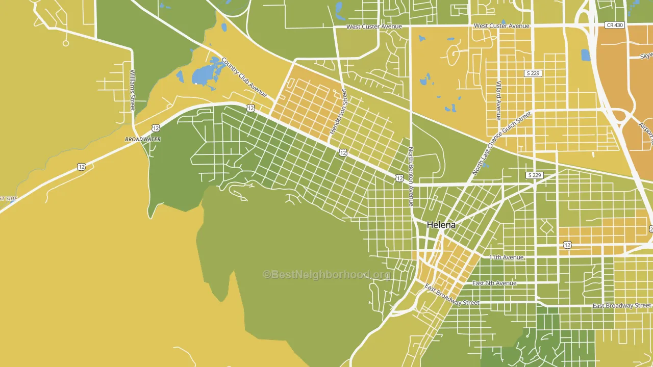 Map of the best neighborhoods in the Euclid Ave South, Helena area, with better matches in green and worse matches in red