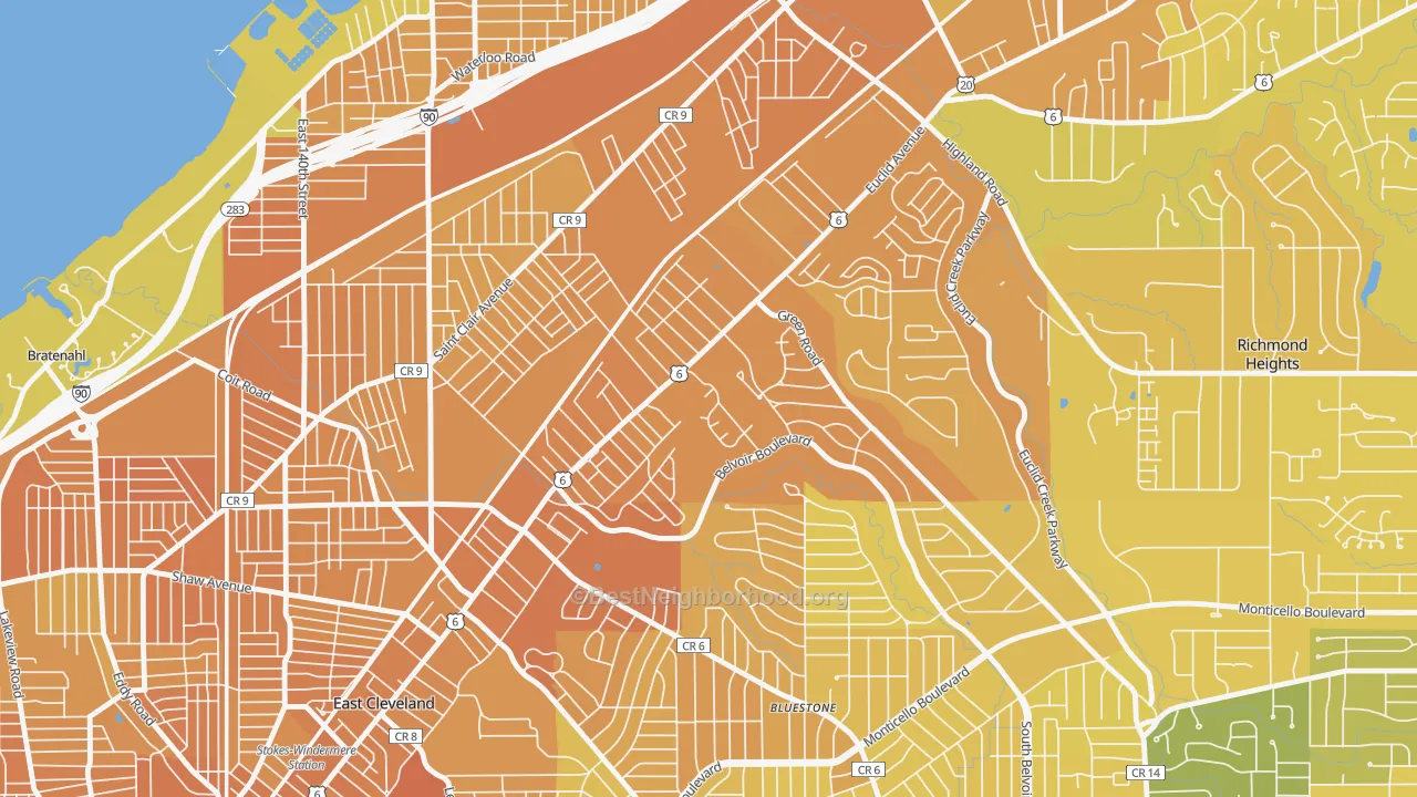 Map of the best neighborhoods in the Euclid-Green, Cleveland area, with better matches in green and worse matches in red
