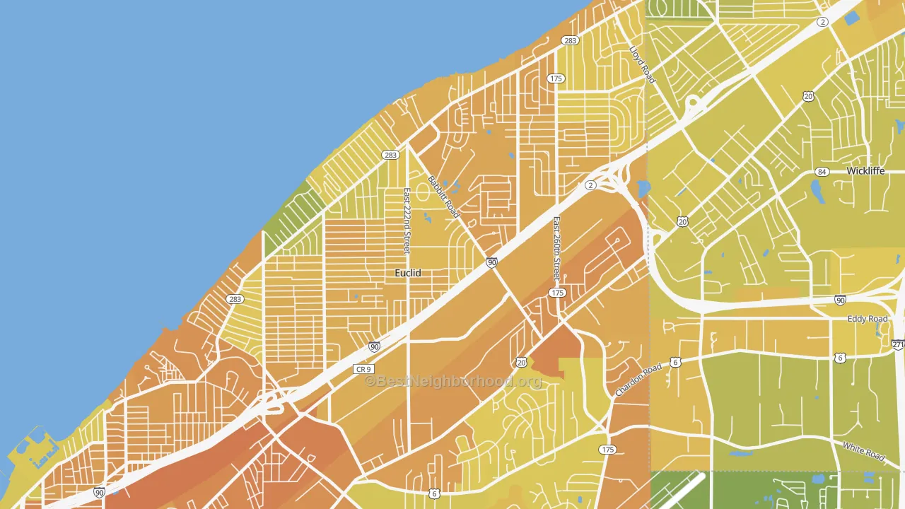 Map of the best neighborhoods in the Euclid area, with better matches in green and worse matches in red