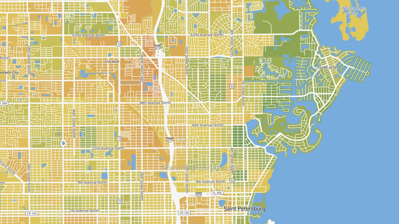 Map of the best neighborhoods in the Euclid-St Paul, St. Petersburg area, with better matches in green and worse matches in red