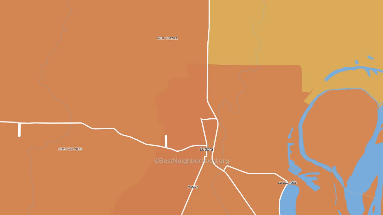 Map of the best neighborhoods in the Eudora area, with better matches in green and worse matches in red