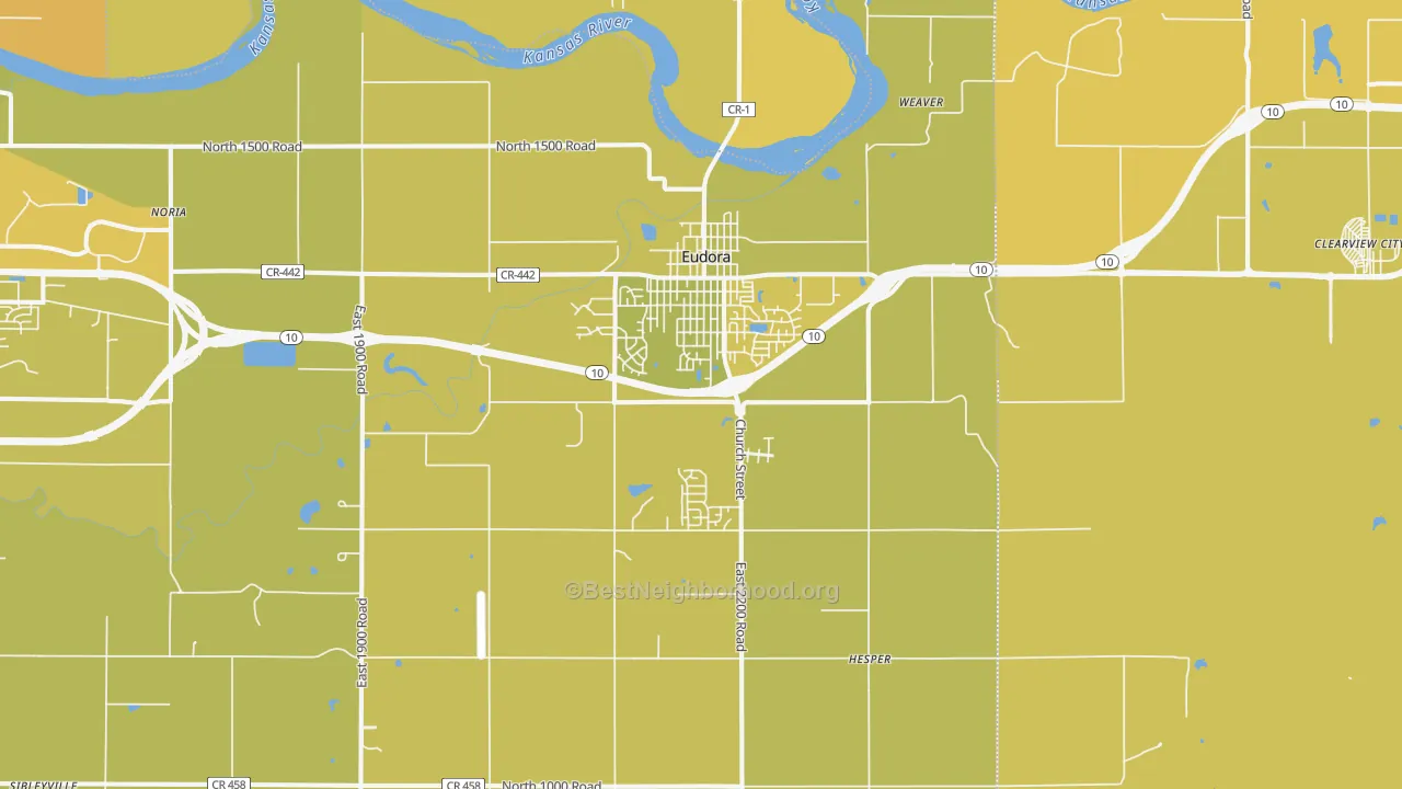 Map of the best neighborhoods in the Eudora area, with better matches in green and worse matches in red