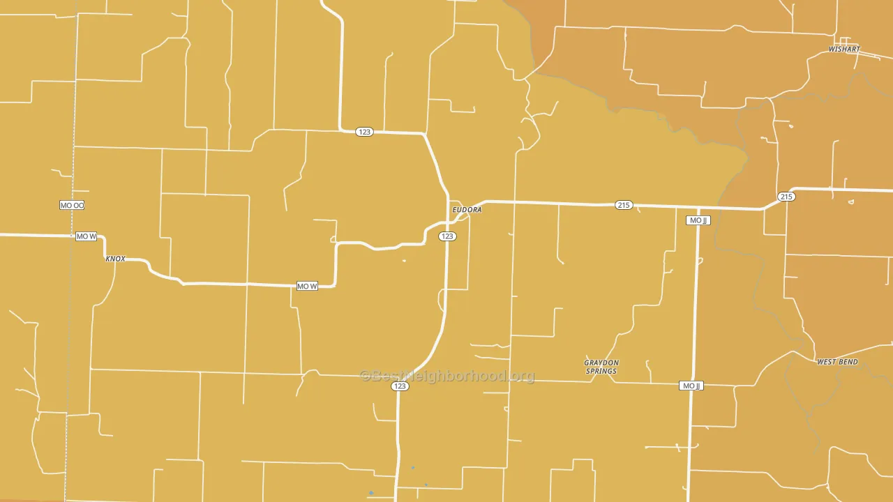 Map of the best neighborhoods in the Eudora area, with better matches in green and worse matches in red