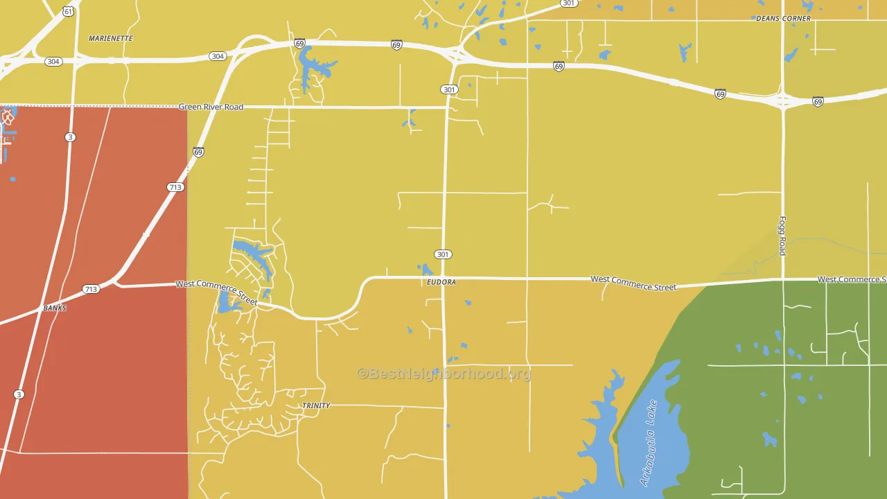 Map of the best neighborhoods in the Eudora area, with better matches in green and worse matches in red