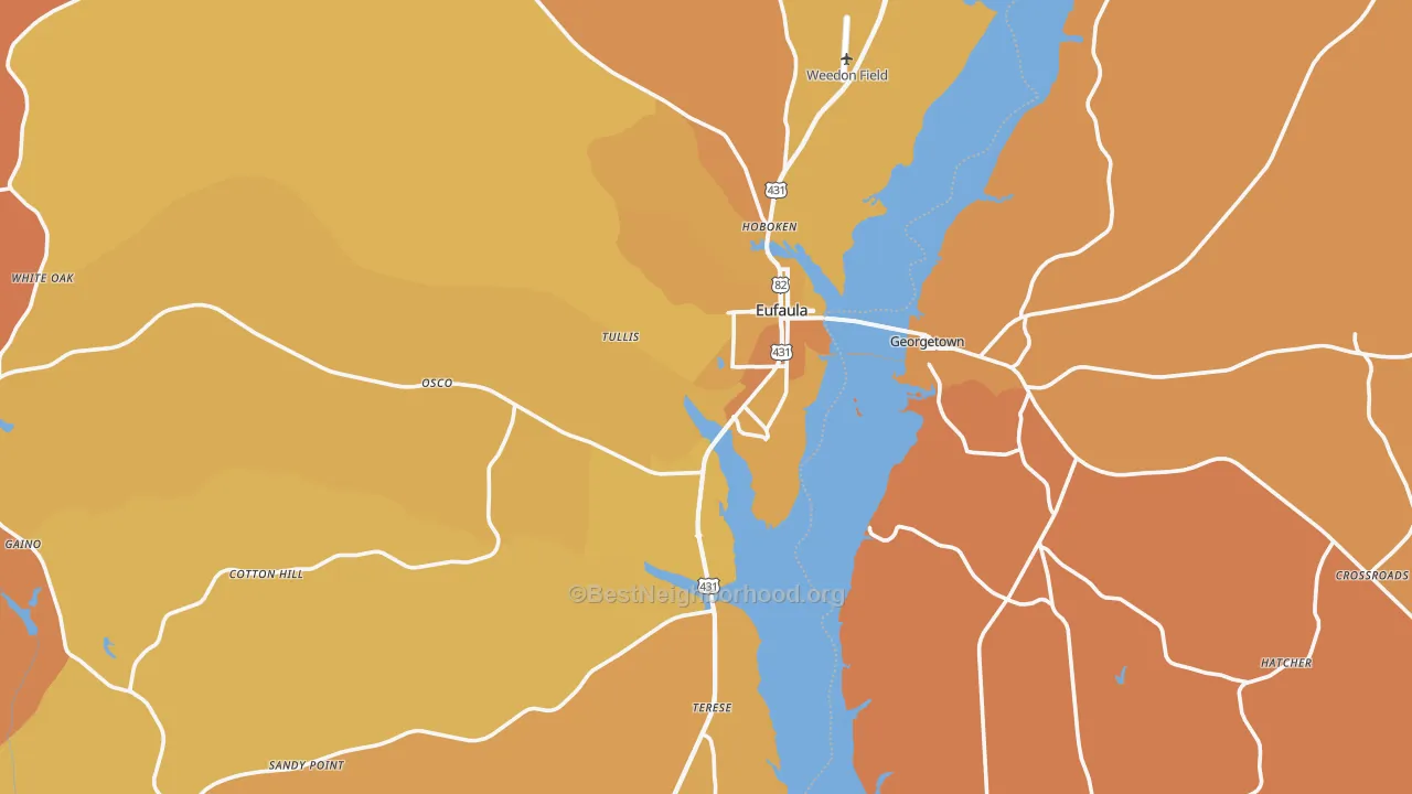 Map of the best neighborhoods in the Eufaula area, with better matches in green and worse matches in red