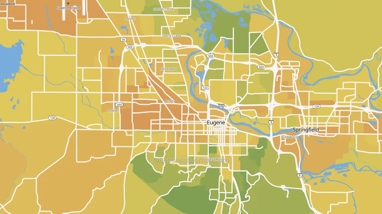 Map of the best neighborhoods in the Eugene Metro area, with better matches in green and worse matches in red