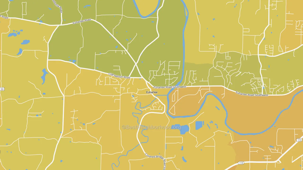 Map of the best neighborhoods in the Euharlee area, with better matches in green and worse matches in red