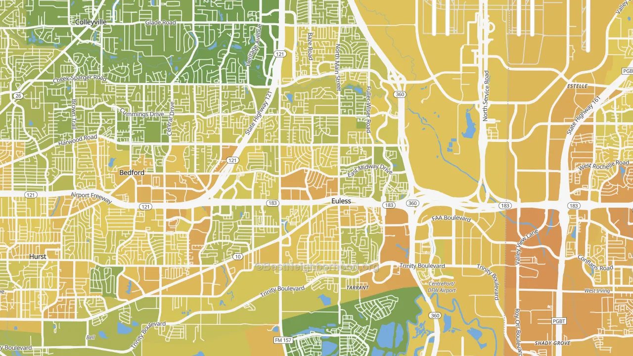 Map of the best neighborhoods in the Euless area, with better matches in green and worse matches in red