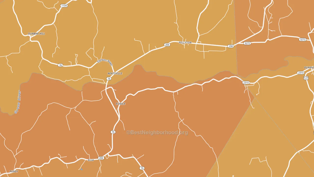 Map of the best neighborhoods in the Eunice area, with better matches in green and worse matches in red