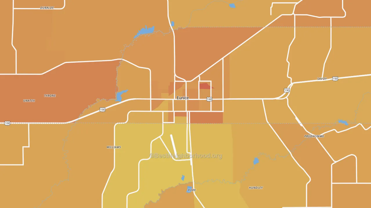 Map of the best neighborhoods in the Eunice area, with better matches in green and worse matches in red