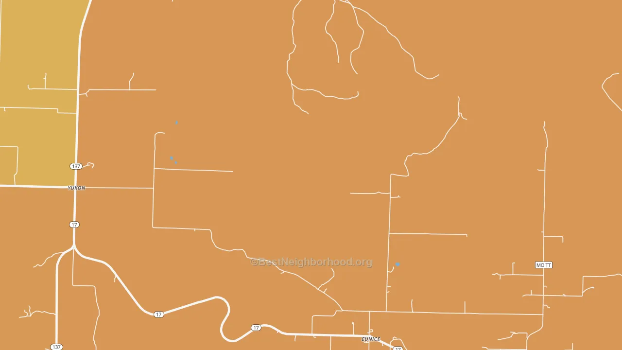 Map of the best neighborhoods in the Eunice area, with better matches in green and worse matches in red