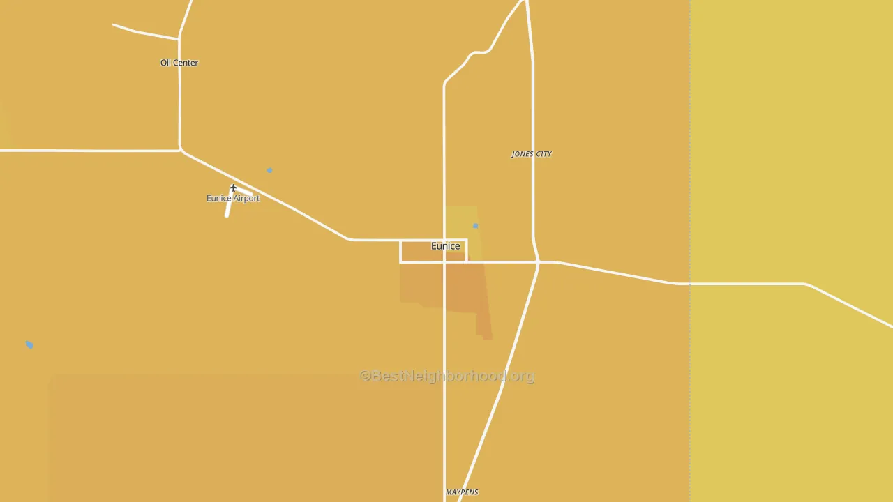 Map of the best neighborhoods in the Eunice area, with better matches in green and worse matches in red