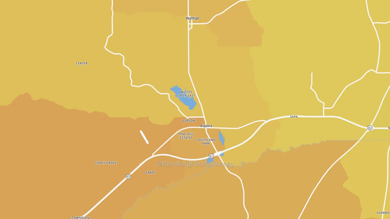 Map of the best neighborhoods in the Eupora area, with better matches in green and worse matches in red