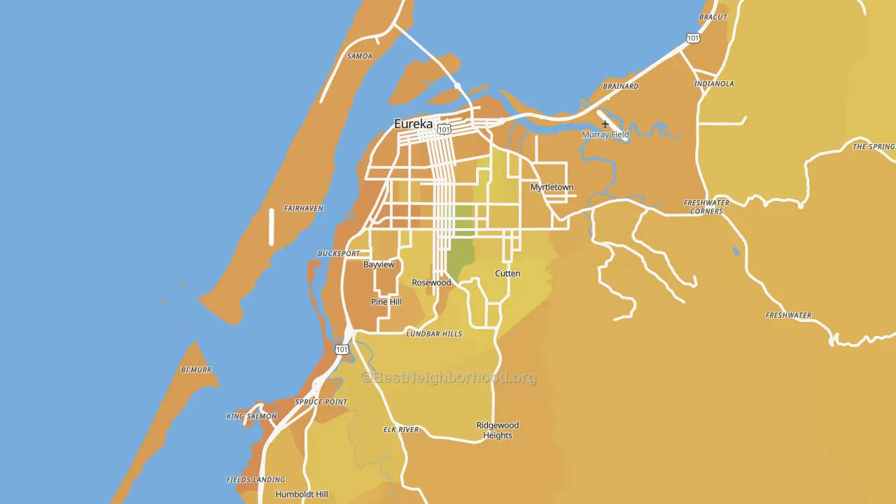 Map of the best neighborhoods in the Eureka area, with better matches in green and worse matches in red