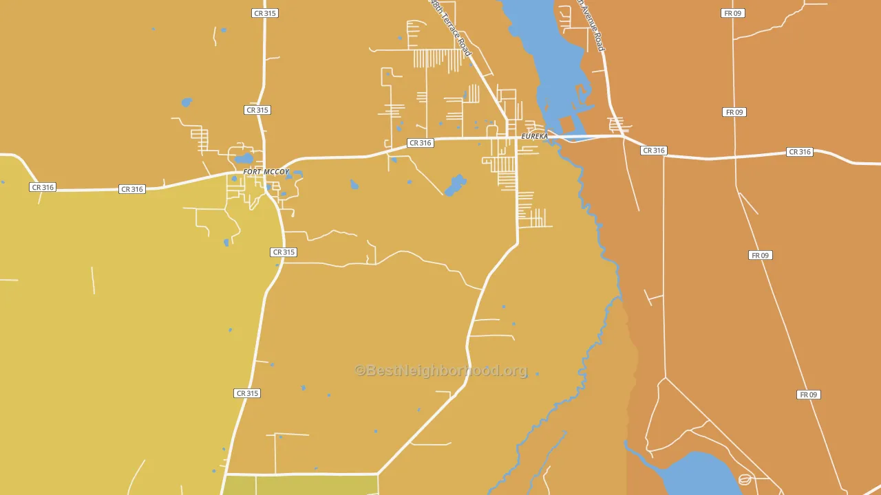 Map of the best neighborhoods in the Eureka area, with better matches in green and worse matches in red