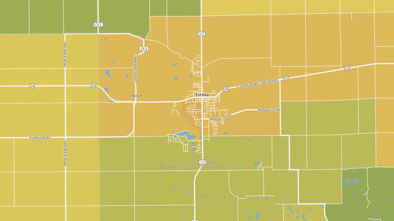 Map of the best neighborhoods in the Eureka area, with better matches in green and worse matches in red