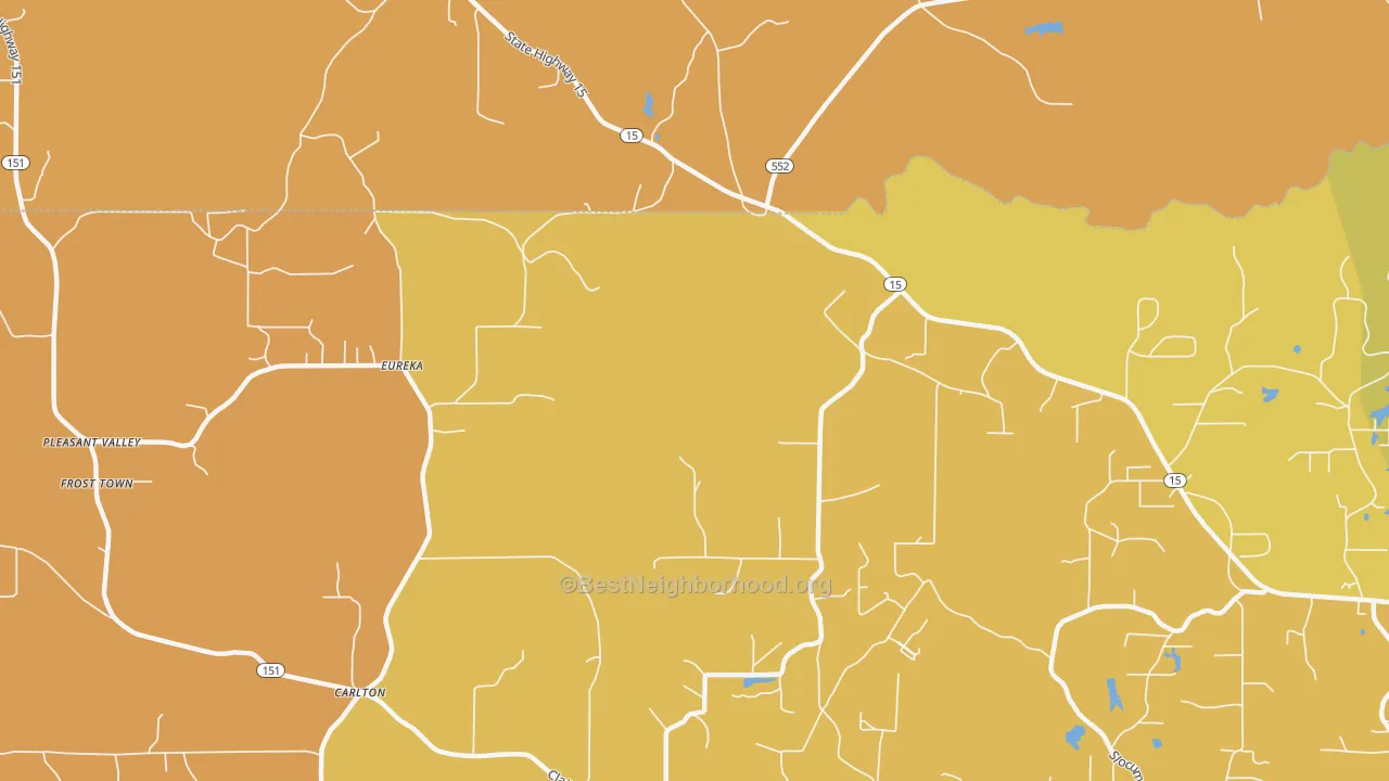 Map of the best neighborhoods in the Eureka area, with better matches in green and worse matches in red