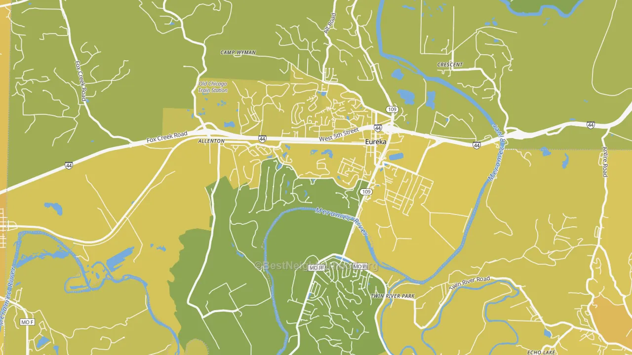 Map of the best neighborhoods in the Eureka area, with better matches in green and worse matches in red