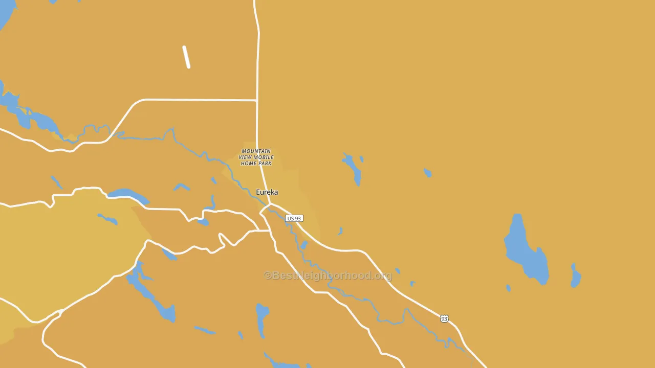 Map of the best neighborhoods in the Eureka area, with better matches in green and worse matches in red