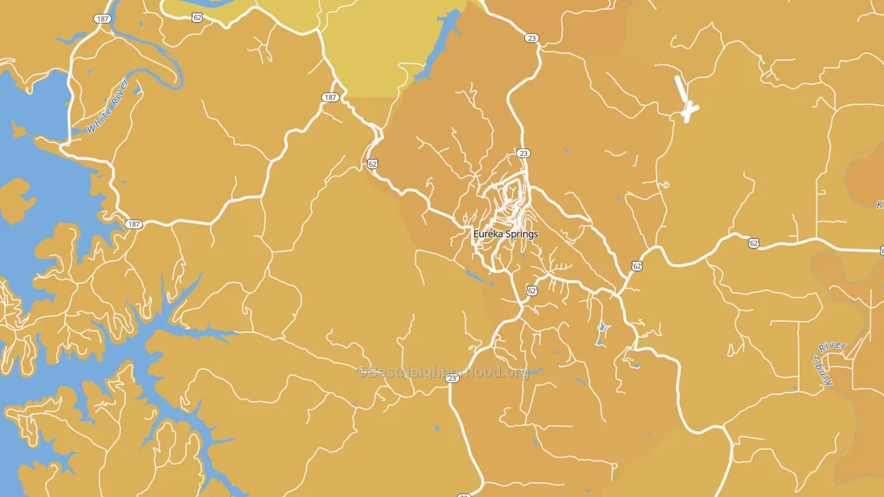 Map of the best neighborhoods in the Eureka Springs area, with better matches in green and worse matches in red