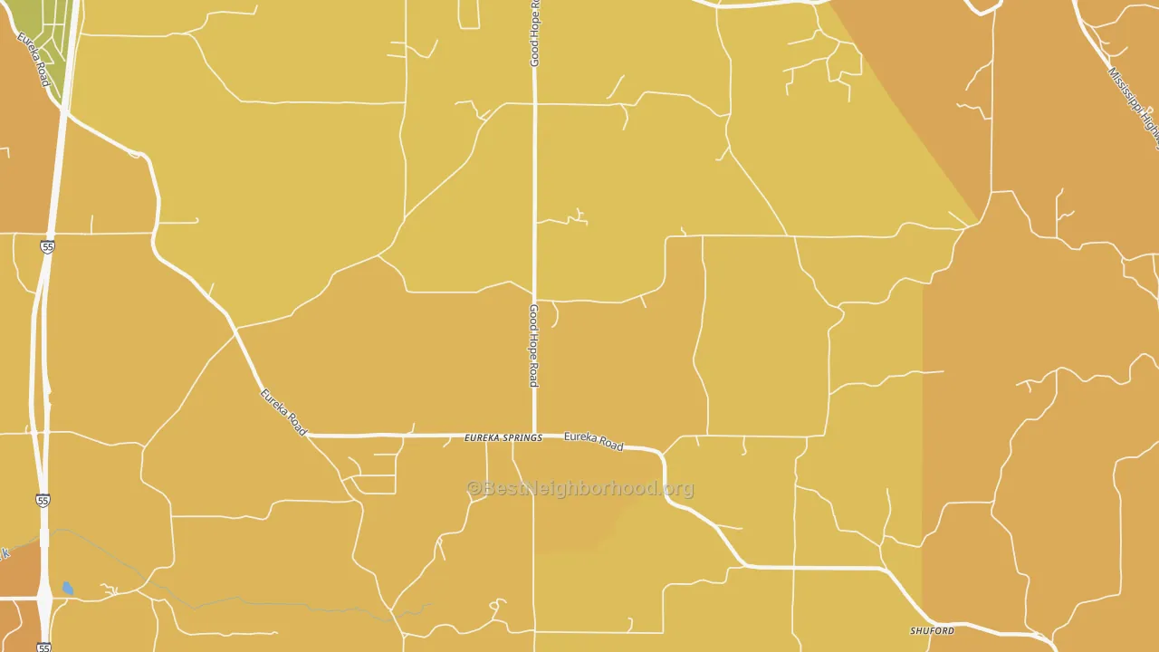 Map of the best neighborhoods in the Eureka Springs area, with better matches in green and worse matches in red
