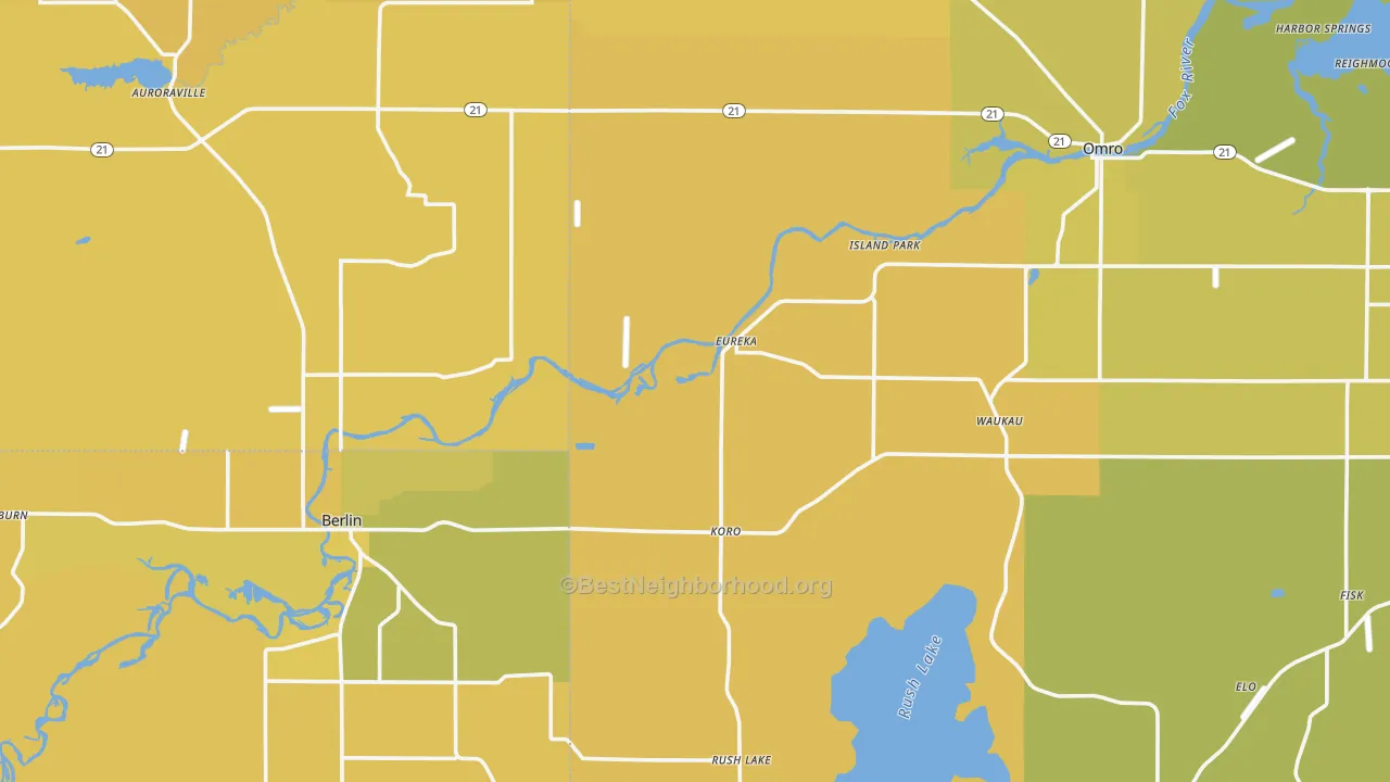 Map of the best neighborhoods in the Eureka area, with better matches in green and worse matches in red