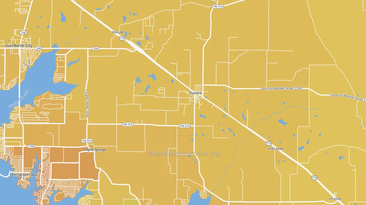 Map of the best neighborhoods in the Eustace area, with better matches in green and worse matches in red