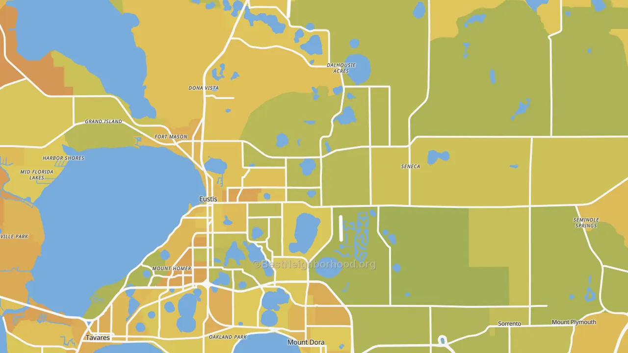 Map of the best neighborhoods in the Eustis area, with better matches in green and worse matches in red