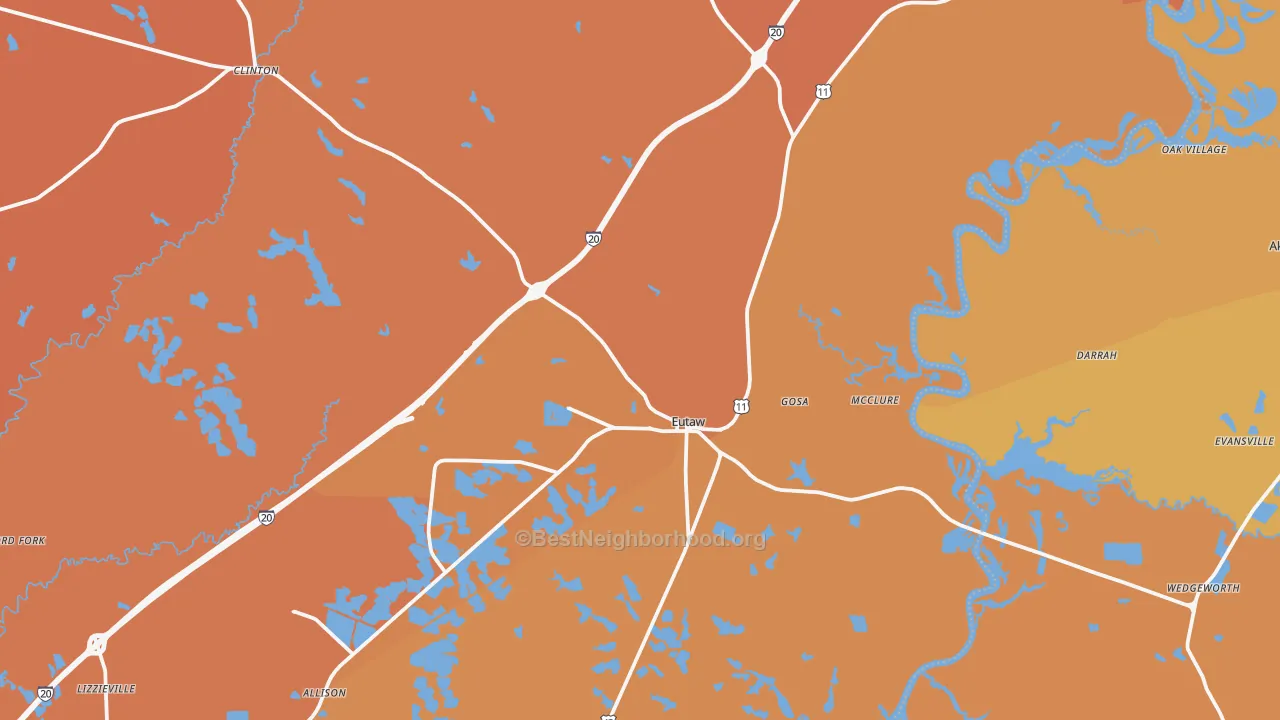 Map of the best neighborhoods in the Eutaw area, with better matches in green and worse matches in red