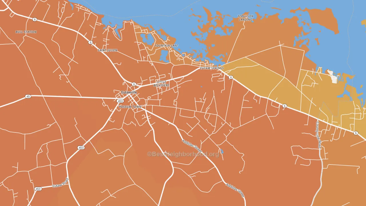 Map of the best neighborhoods in the Eutawville area, with better matches in green and worse matches in red