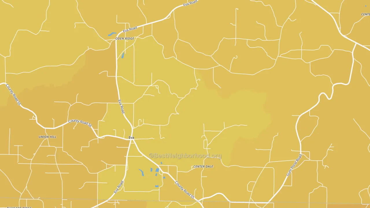 Map of the best neighborhoods in the Eva area, with better matches in green and worse matches in red