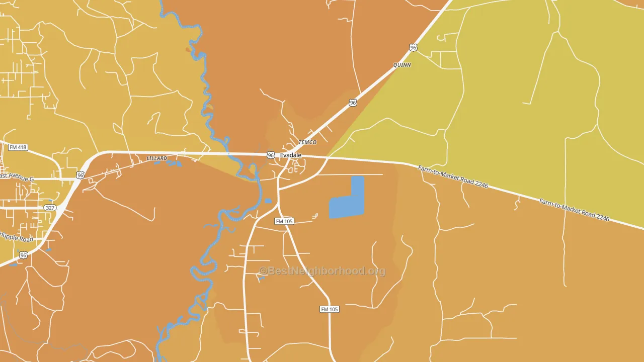 Map of the best neighborhoods in the Evadale area, with better matches in green and worse matches in red