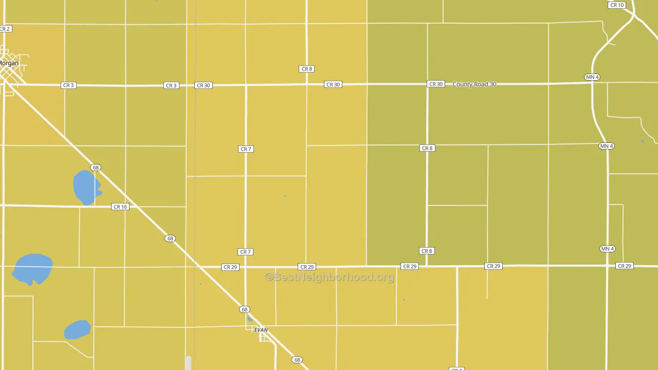 Map of the best neighborhoods in the Evan area, with better matches in green and worse matches in red