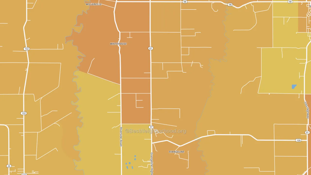 Map of the best neighborhoods in the Evangeline area, with better matches in green and worse matches in red