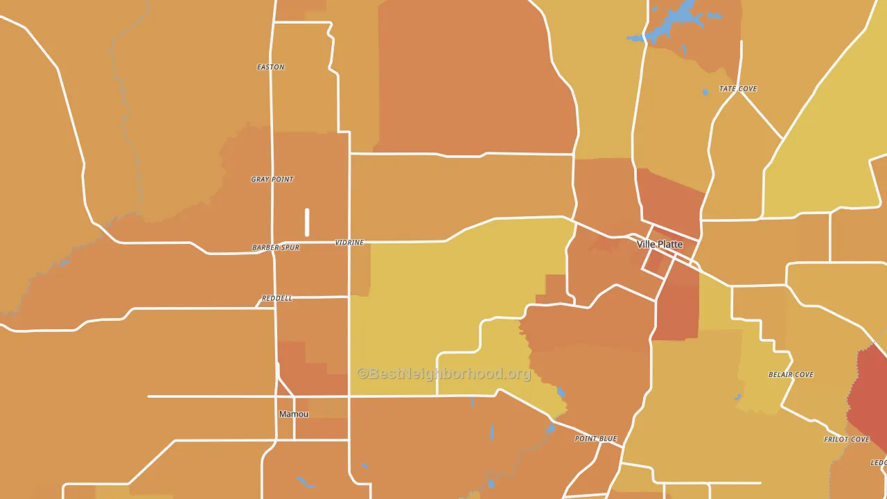 Map of the best neighborhoods in the Evangeline Parish area, with better matches in green and worse matches in red