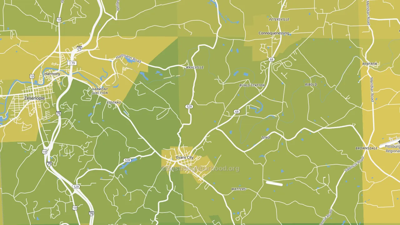 Map of the best neighborhoods in the Evans City area, with better matches in green and worse matches in red