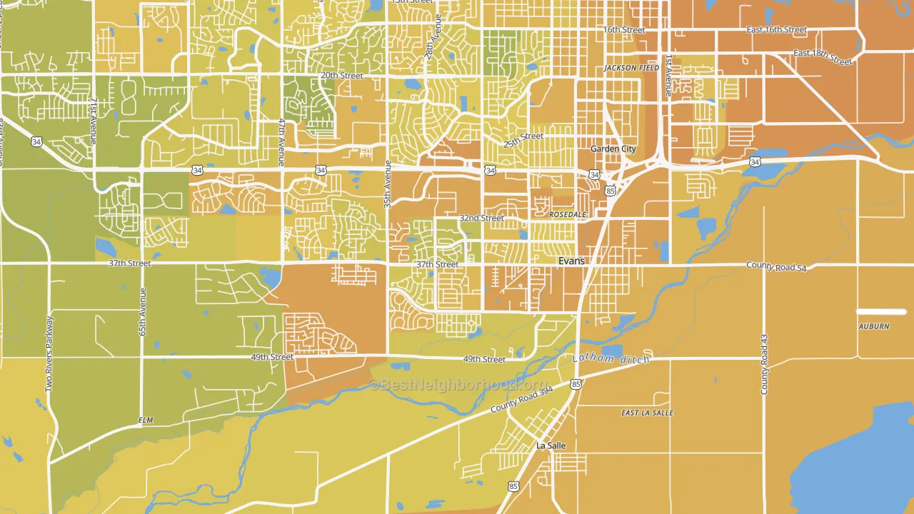 Map of the best neighborhoods in the Evans area, with better matches in green and worse matches in red