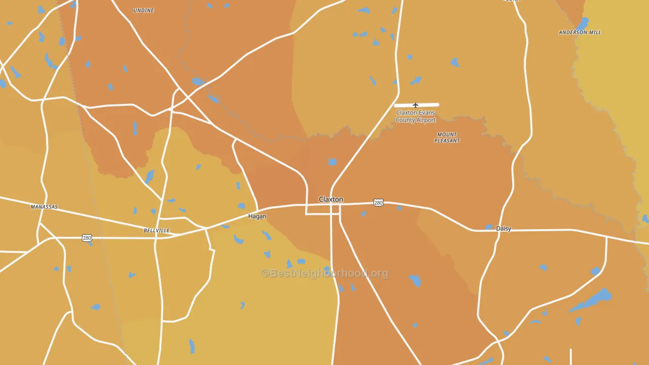 Map of the best neighborhoods in the Evans County area, with better matches in green and worse matches in red