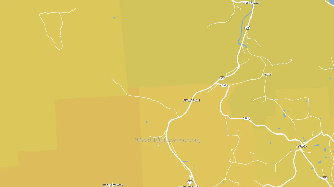 Map of the best neighborhoods in the Evans Falls area, with better matches in green and worse matches in red