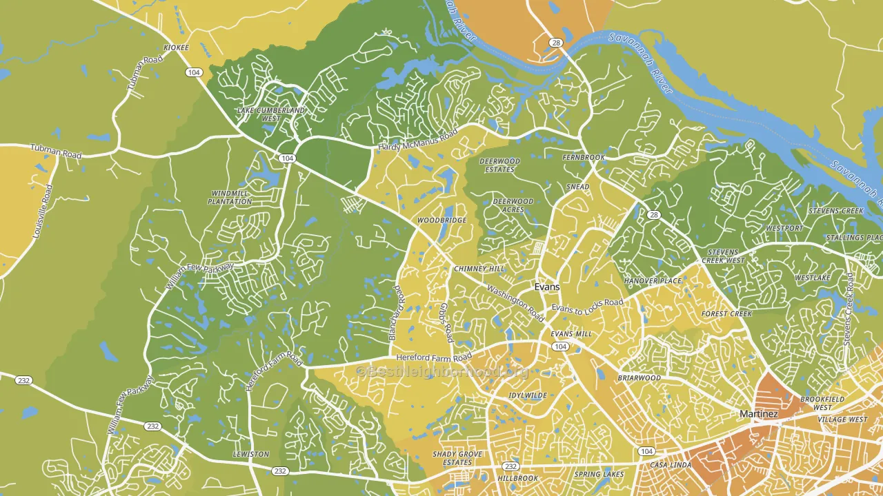Map of the best neighborhoods in the Evans area, with better matches in green and worse matches in red