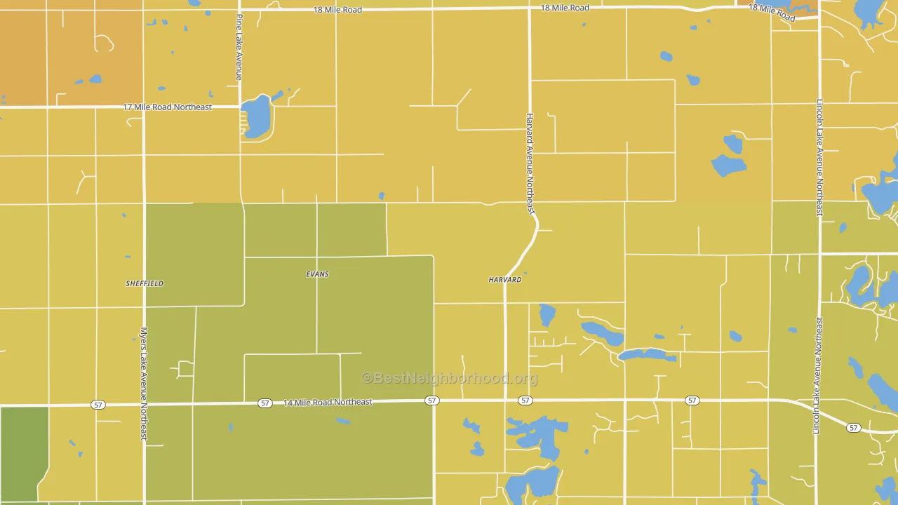 Map of the best neighborhoods in the Evans area, with better matches in green and worse matches in red